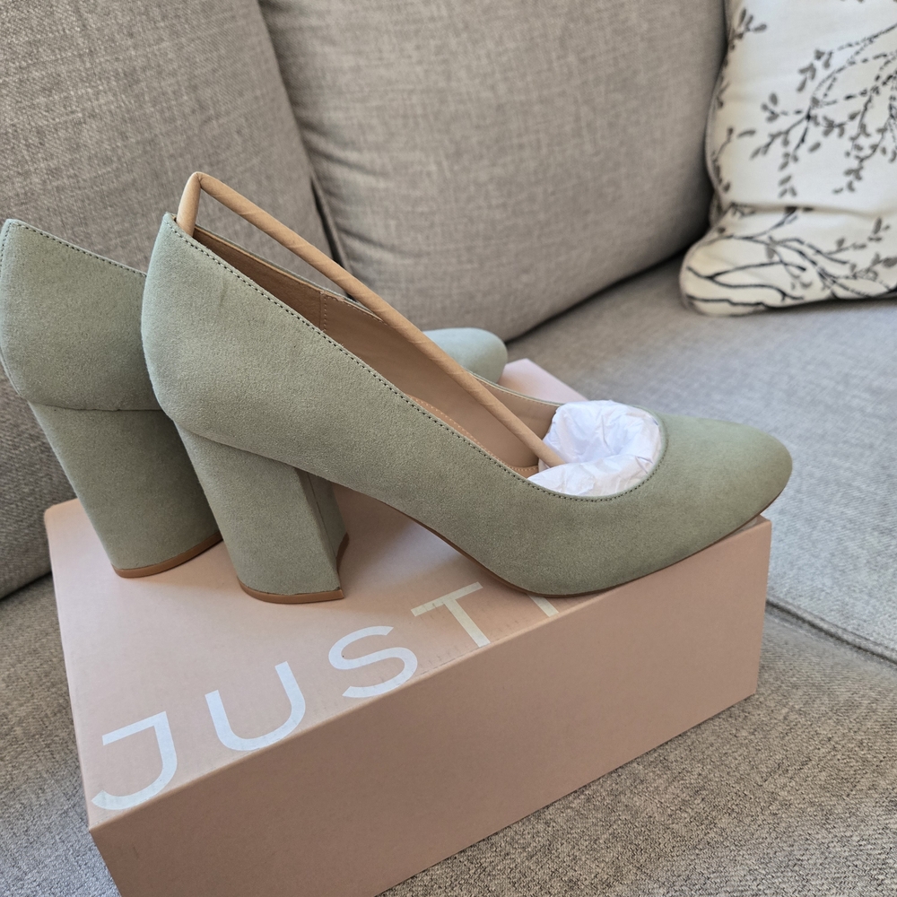 JustFab Sage Green Block Heel Pumps